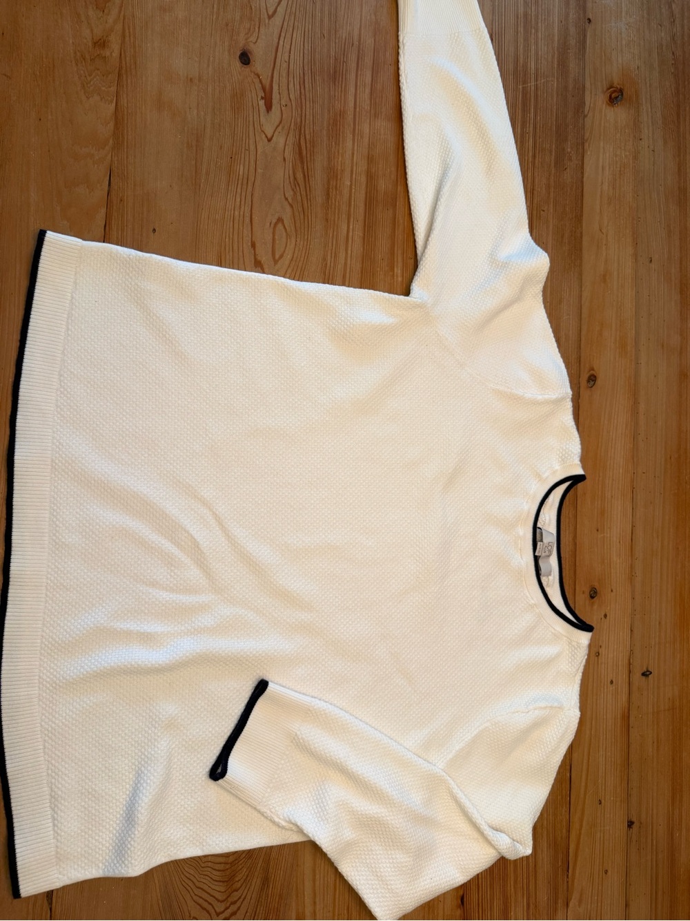 LOFT Cream Textured Knit Sweater with Black Trim